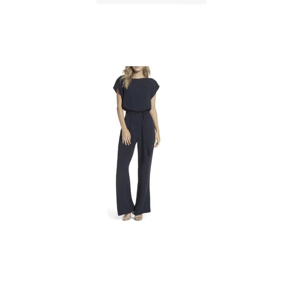 Eliza J Womens Cap Sleeve Wide Leg Jumpsuit In Navy Blue Size 12